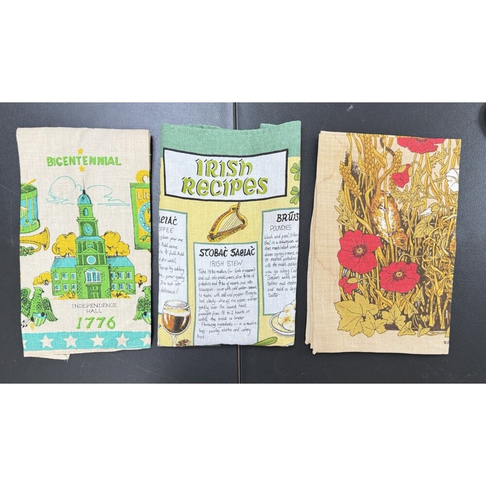 Lot of 3 Vintage Linen Tea Towels Irish Americana